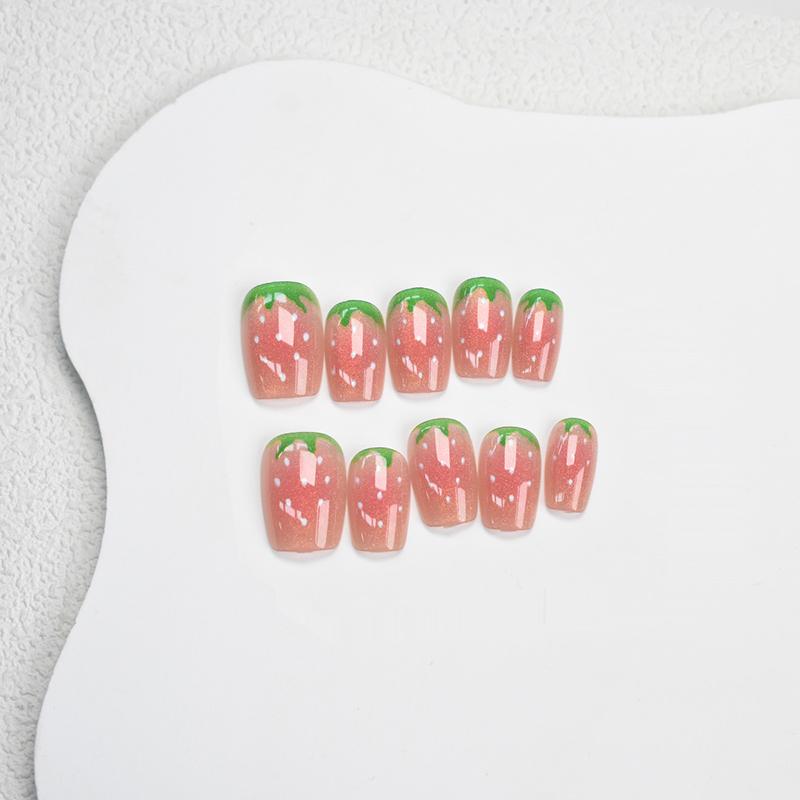 30Pcs Cat Eye False Nails Wearing Armor Wearable Watermelon Strawberry Fake Nails Simple Artificial Press On Nails Tips Nail Art