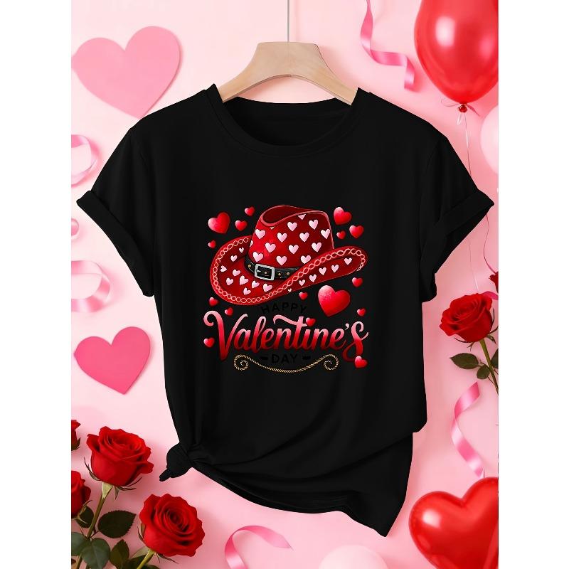 

Женская шляпа ко Дню святого Валентина Футболка с принтом сердца Западный деним Счастливого Дня святого Валентина Текст Круглый вырез Короткий рукав Повседневная S-XXL Машинная стирка Весна S чёрный