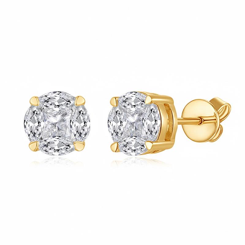 European Bestseller: Moissanite Stud Earrings - Women s S925 Sterling Silver, 18K Gold Plated, Four-Claw Design. Pair