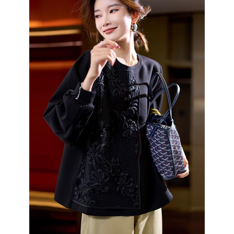 

Зима 2024 г. Женская модная черная вышитая футболка с длинным рукавом, новый китайский стиль, размер плюс 4XL