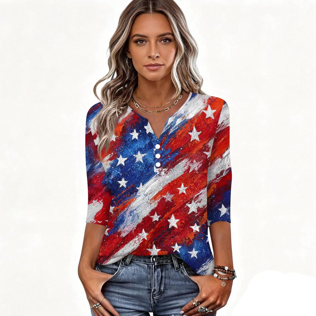 Damska Koszulka Dzień Niepodległości Nadruk Guziki Rękaw 3/4 Codzienna Weekendowa Modna Podstawa Dekolt V Regularny Top