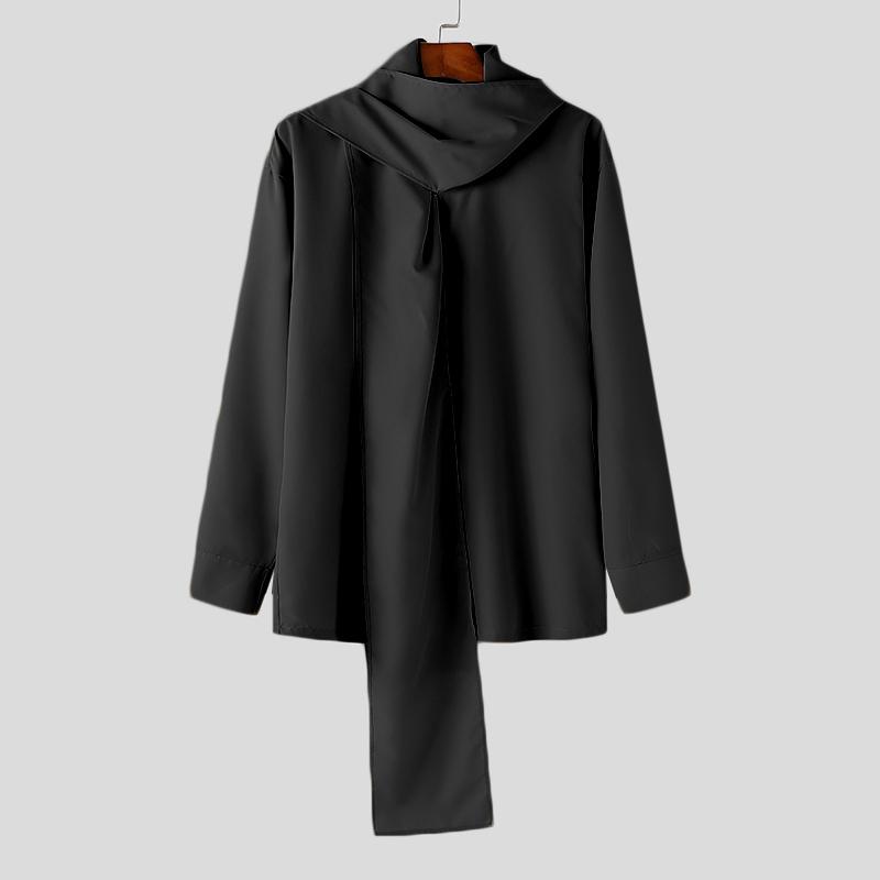 

INCERUN Мужские однотонные топы с завязками на шее и длинными рукавами, повседневные свободные рубашки большого размера 4XL чёрный