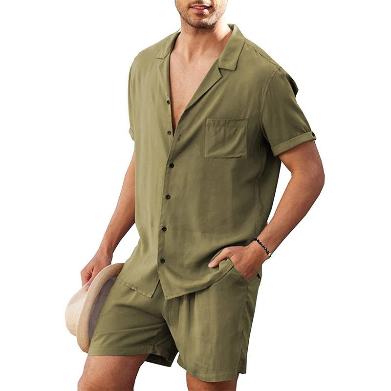 Summer Men's Cotton Linen Shirt Set Men's Casual Outdoor 2-Piece Suit and Home Clothes Pajamas Comfy Breathable Beach Short Sleeve Sets