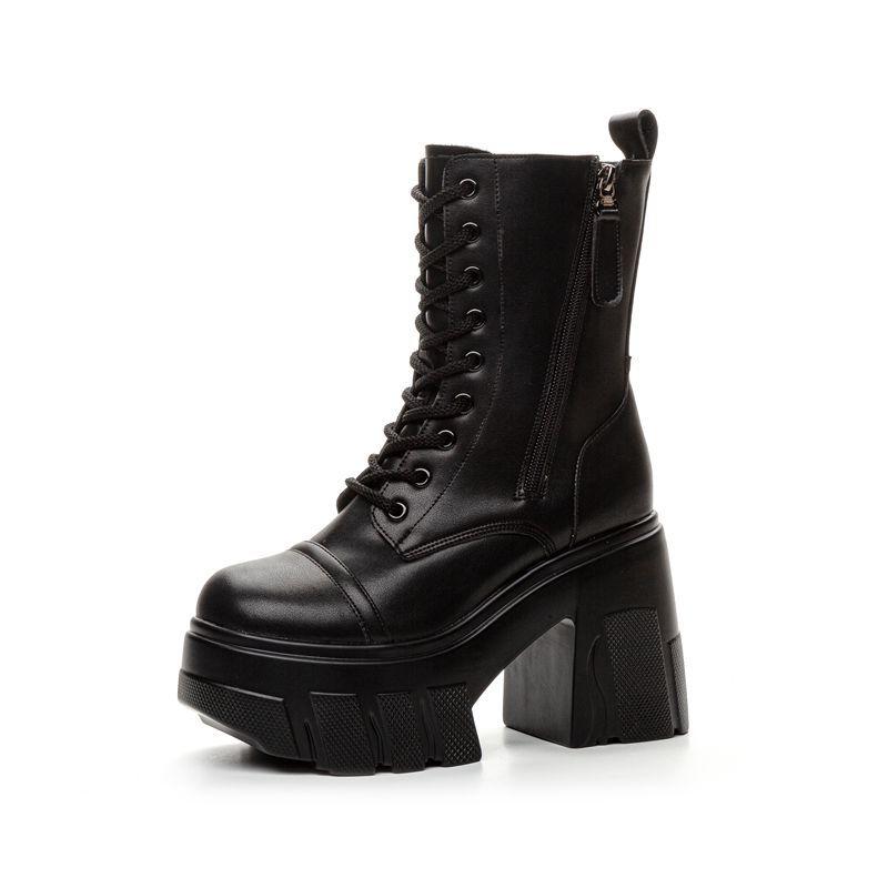 Fashion Punk British Style Girl Thick Sole Side Zip Boots Lace Up Platform Booties For Women Leather PU Chunky Heel Shoes High Top Pumps