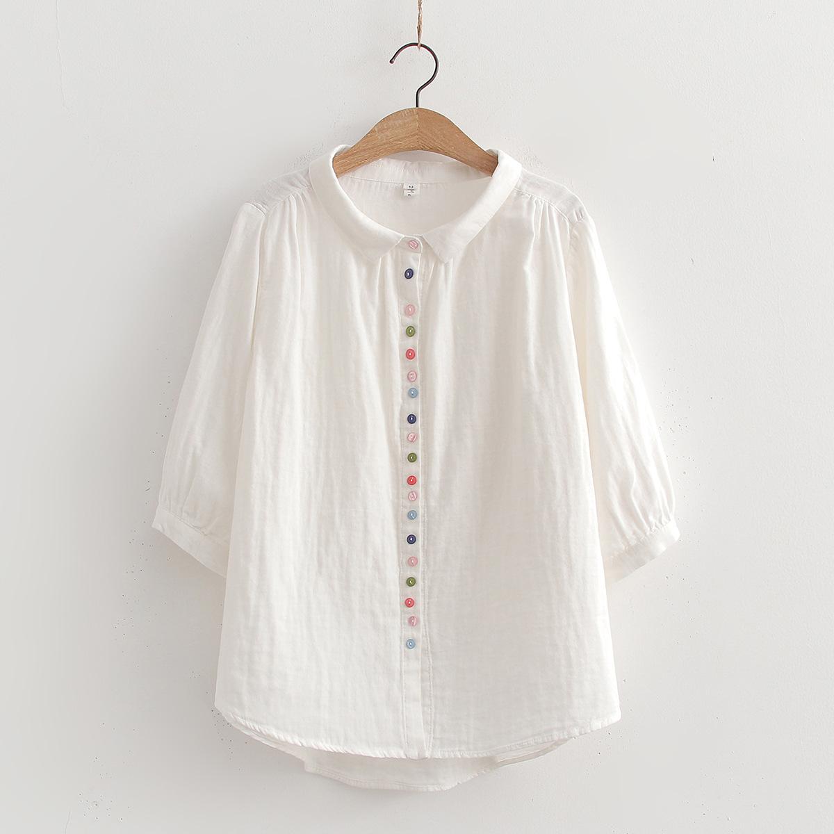 

Большие женские рубашки в японском стиле с рукавом три четверти, однотонные рубашки из хлопковой пряжи для женщин, летние топы больших размеров S белый