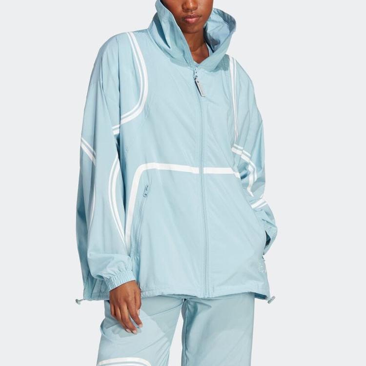 Adidas X Stella McCartney Striped Stand Collar Casual Jacket Women Jacket Grey Blue HR6575