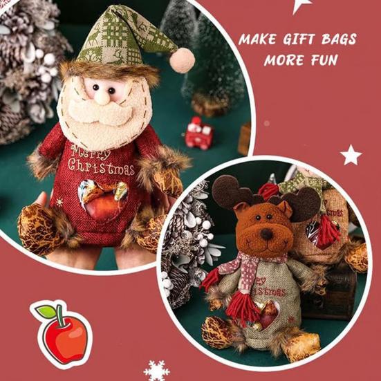 Yousheng Burlap Christmas Gift Bags Zipper Design Plush 3D Santa Snowman Doll Fruit Bags Reusable Fabric Storage Bag for Gifts Candy