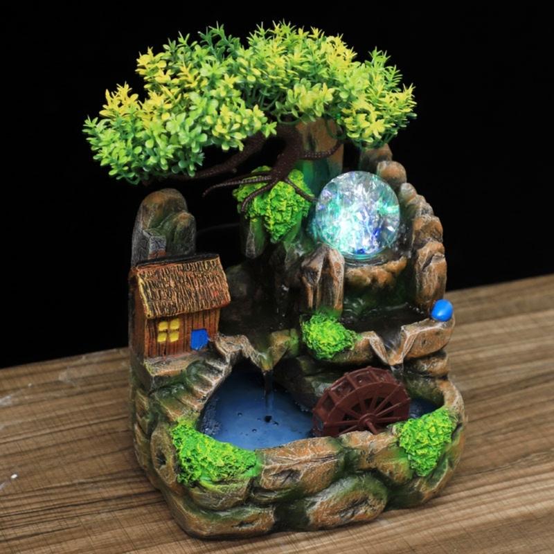 Indoor Resins Rockery Waterfall Fountains with Atomizer and LED Lighting Great for Home and Office Desktop Decoration