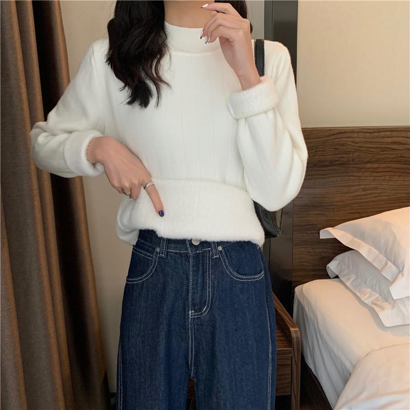 Half High Neck Sweater Women's Loose One-piece Velvet Pullover Long Sleeved Casual Warm Knit Sweater with Thick Solid Color Sweater Autumn and Winter