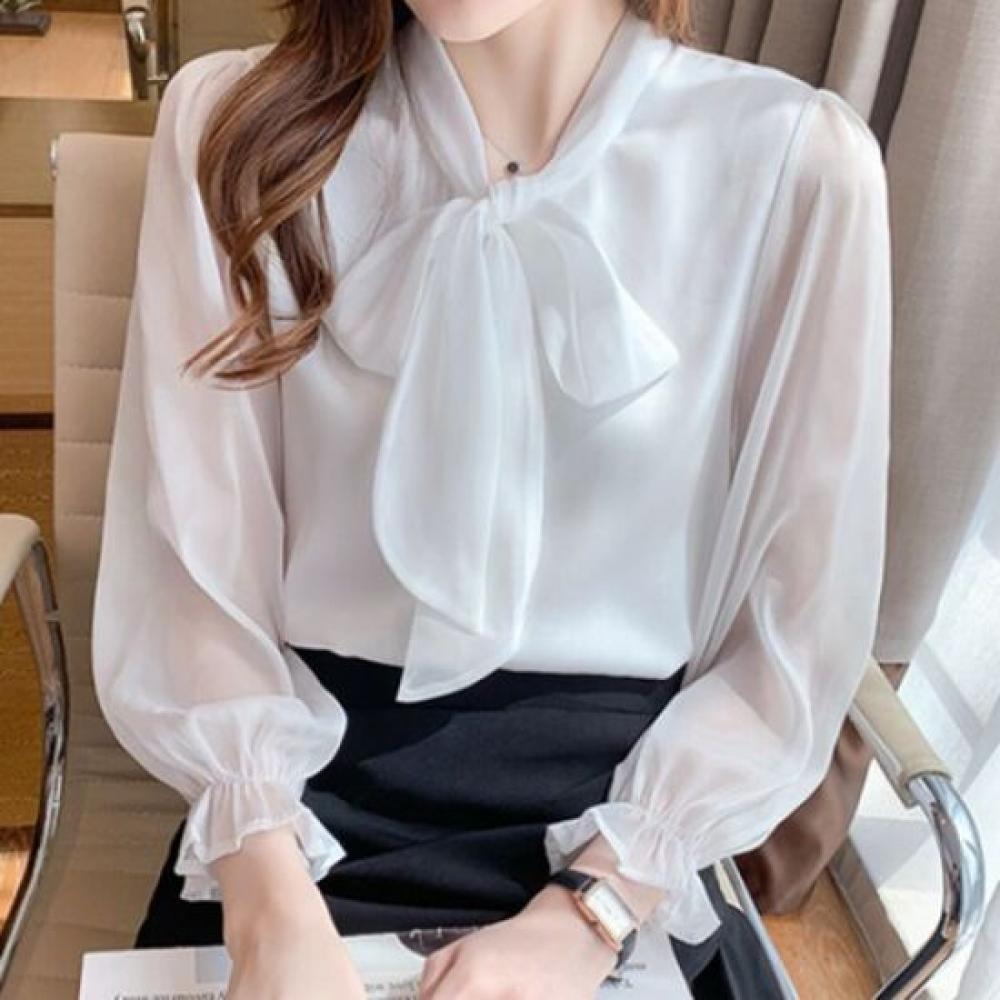 Navava Romantic Sheer Ribbon Neck Long Sleeve Blouse Nb1944