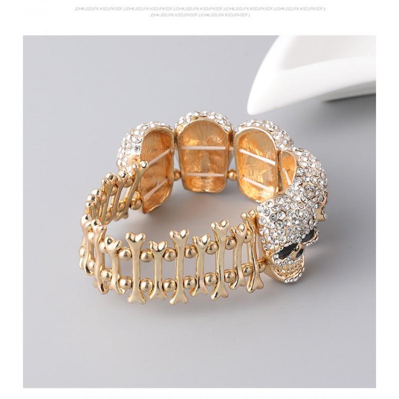 Punk Skull Rhinestone Bracelet Gold Tone Bone Chain Cuff Halloween Hip Hop Unisex Fashion Accessory
