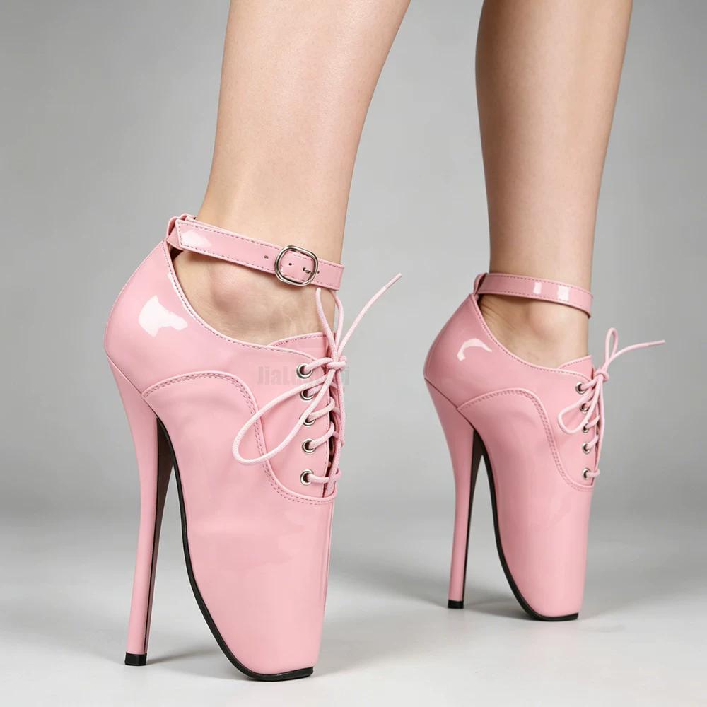 Seksowne baletki fetyszowe damskie 18 cm/7 cali Ultra wysoki obcas czarne sznurowane buty ze szpiczastymi palcami