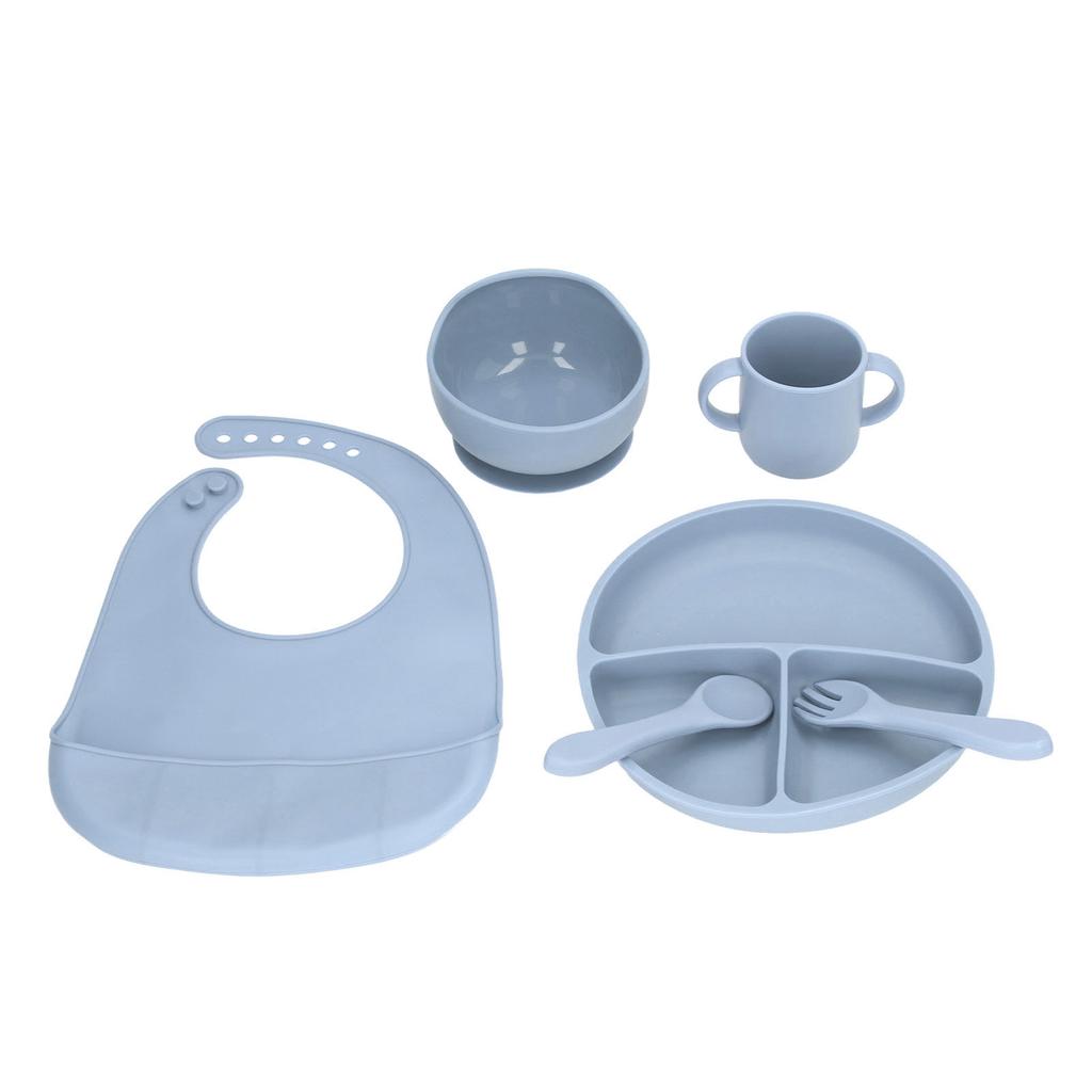 Baby Feeding Set Silicone Suction Divided Plate and Bowl with Spoon Fork Cup Adjustable Bib Set