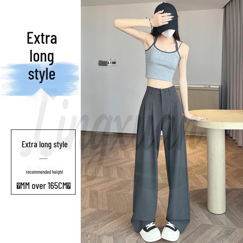 Gray High-Waisted Slimming Wide-Leg Suit Pants - Women's Versatile Loose Floor-Length Trousers for Spring and Summer
