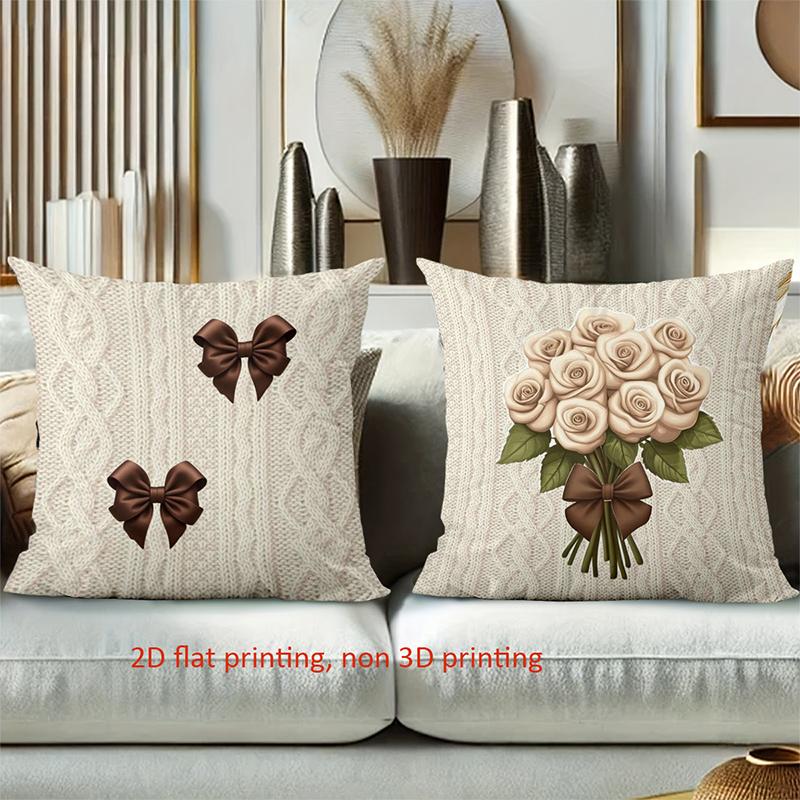 Beige Pillows With Bow And Rose 2D Printed Decor Polyester Pillowcase, Sofa Decorative Cushion Cov Headboard Pillow