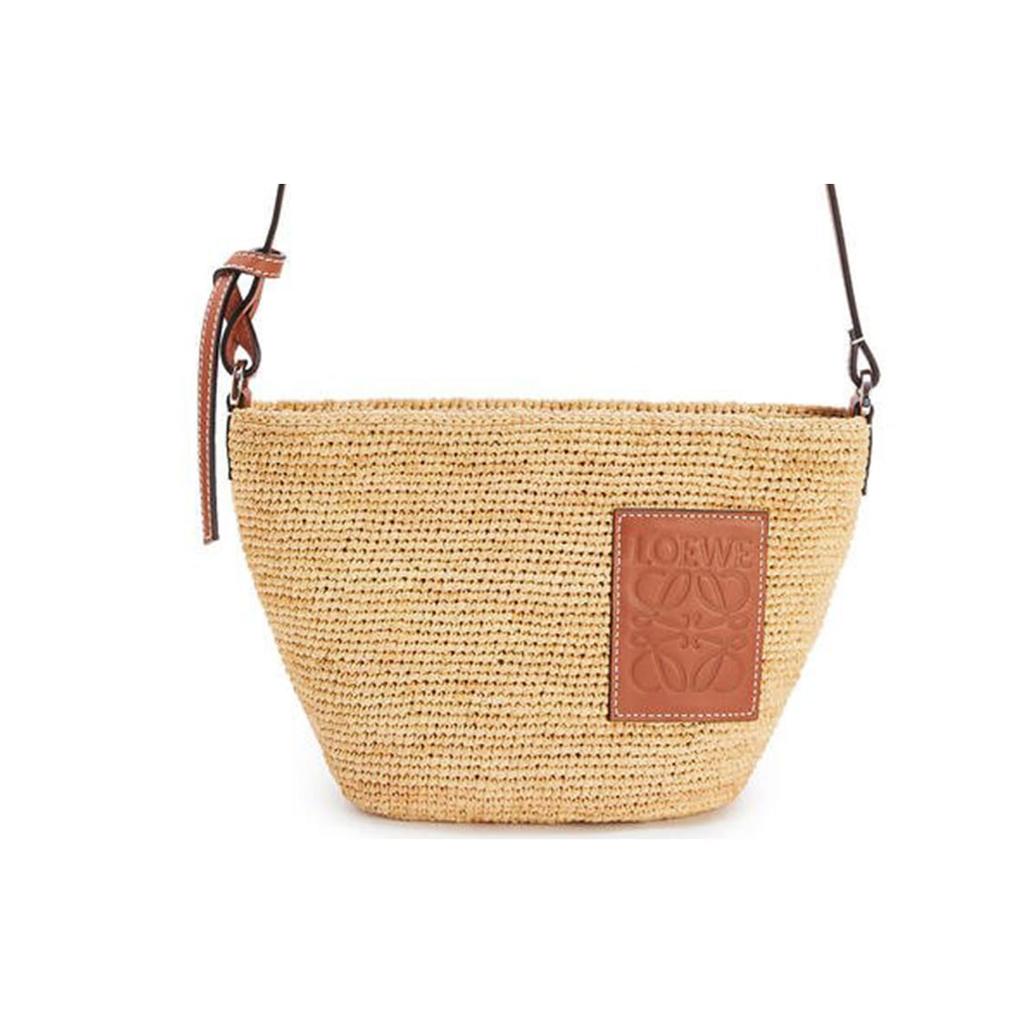 LOEWE Raffia Fiber Cow Leather Straw Bag, Shoulder Bag, Crossbody Bag Women's Natural & Tan 32824W10-2435
