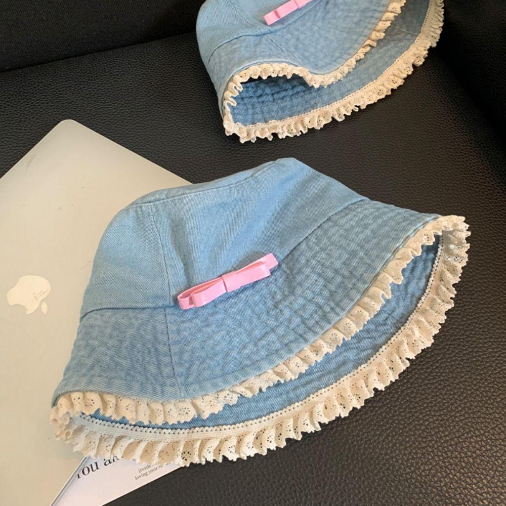 Y2K Lace Fisherman Hat Big Brimmed Bow Sunscreen Hat Fashion Denim Bucket Hat  Girls