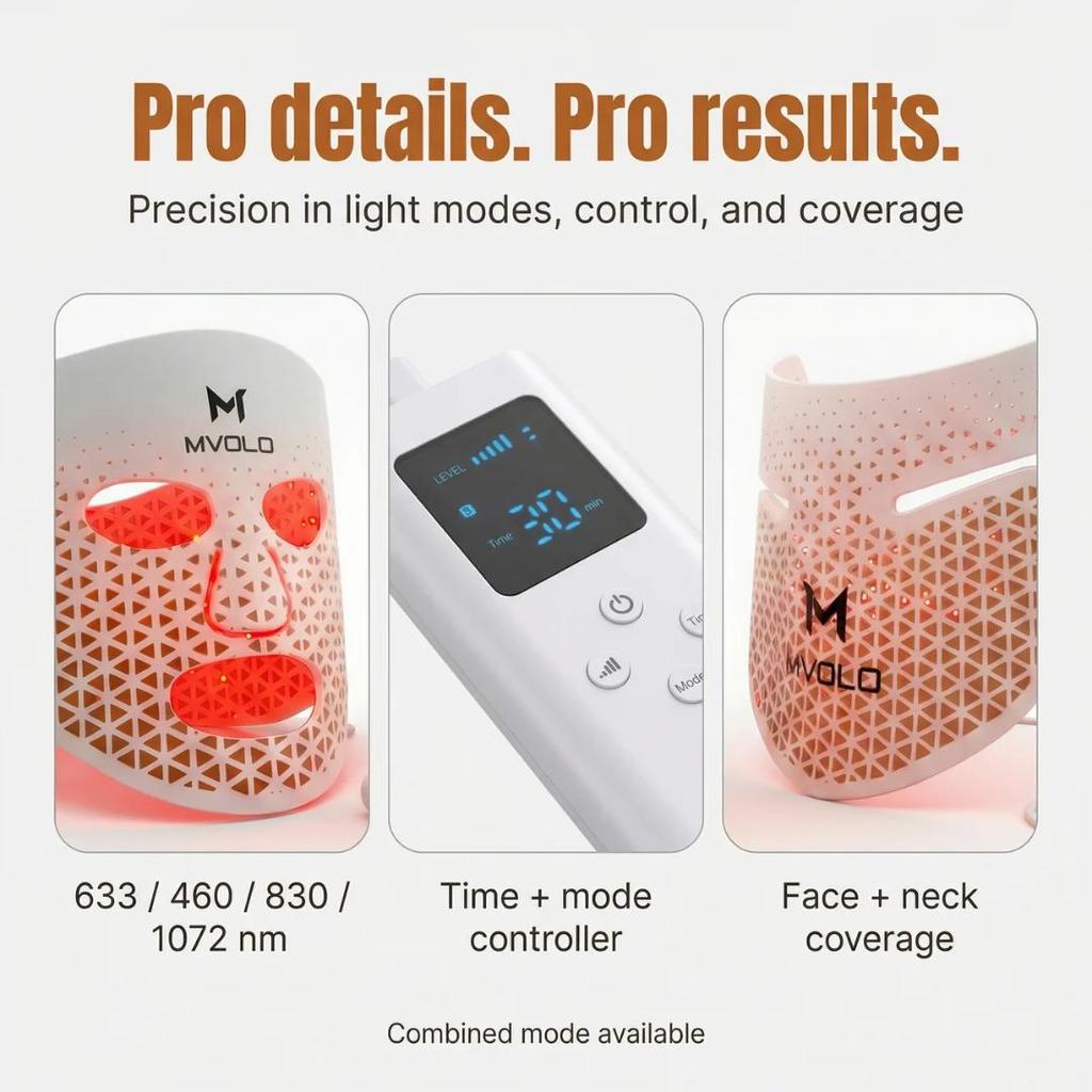 Mvolo® LED Gesichtsmaske mit Nackenabdeckung für Haut und Dekolleté