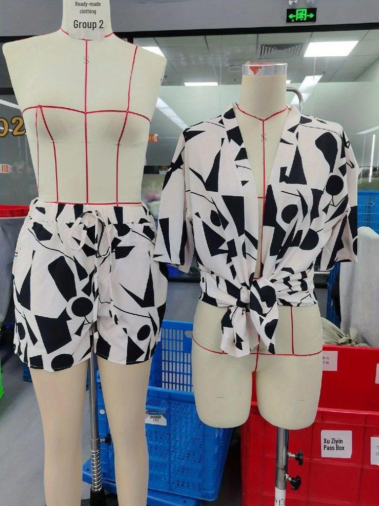 2025 Elegant Two-Piece Vacation Print Set: Short Sleeve Tie-Waist Shirt & High-Waist Shorts
