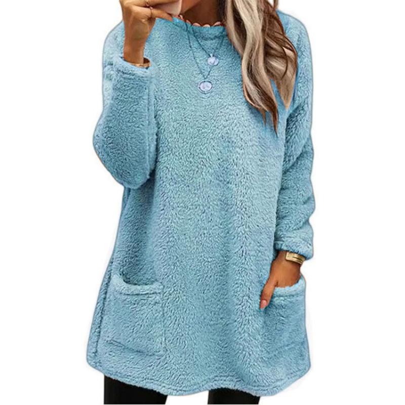 Fashion Women's Long-sleeved Pocket Plush Sweater T-shirt Top
