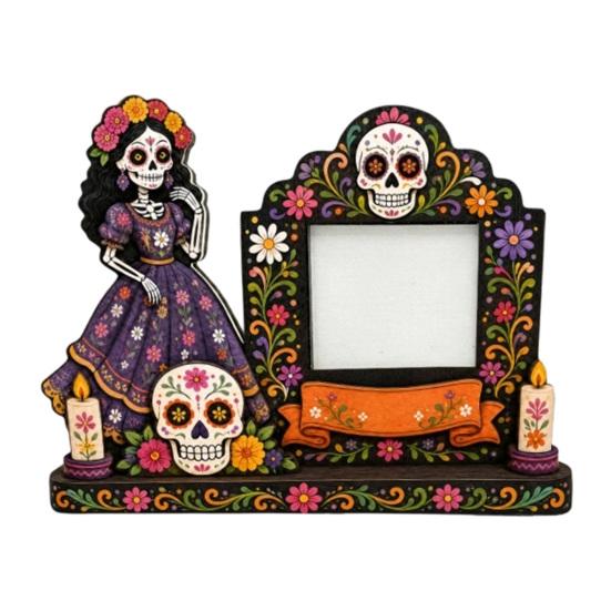 Bunte Festival Tischdekoration Totentag Fotorahmen, Lebendiger Blumiger Zuckerknochen Muster Druck, Dia De Los Muertos Tischdisplay Mexikanische Katrina