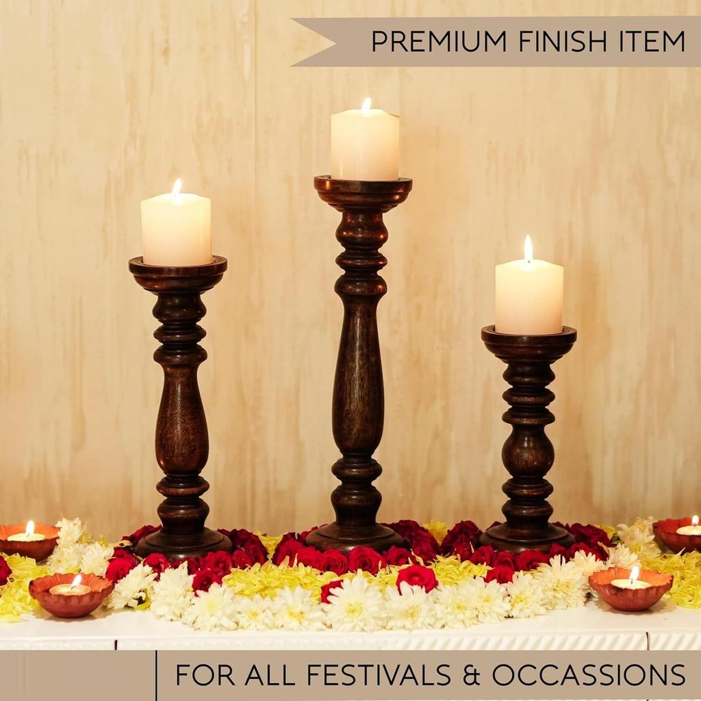 Wooden Candle Holder Stand with 3 Free Candles for Home & Table Decoration Best Handmade Gift for Christmas New