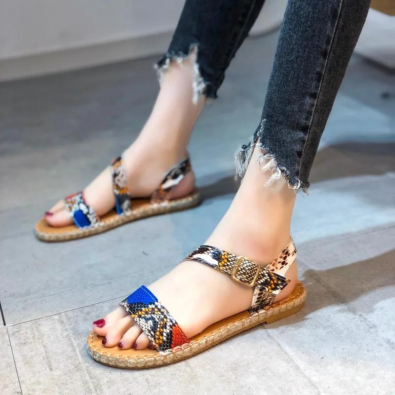 fashion Snake Print Sandals Women 2024 New Ankle Strap Flat Sandals Buckle Comfortable Women's Shoes Fashion Casual Open Toe Sandals