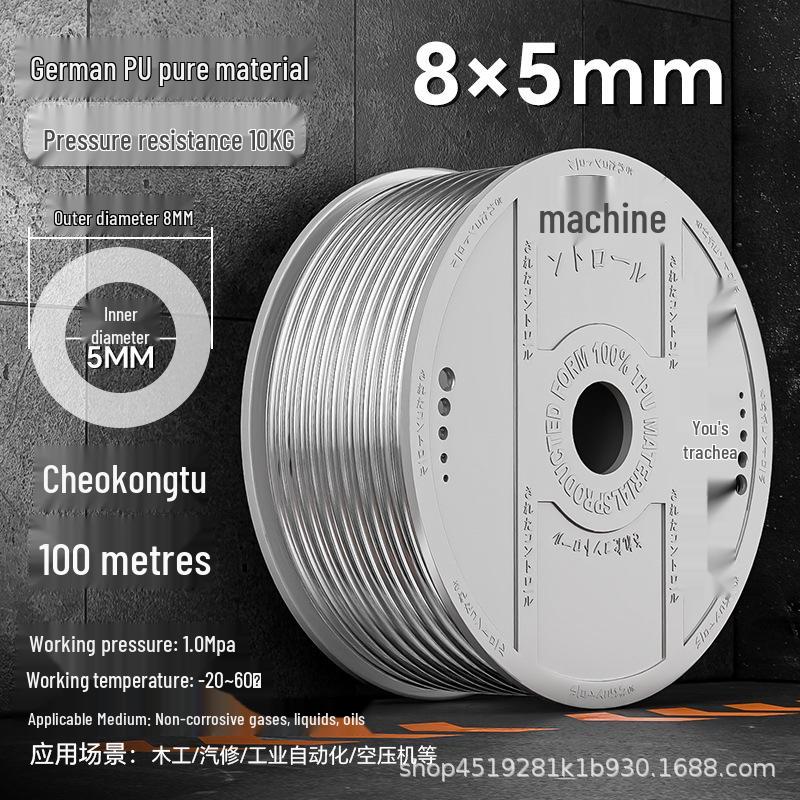 Zhuo Ji 8mm High-Pressure Transparent PU Air Hose for Air Compressors (Sizes: 4/6/10/12/14/16)