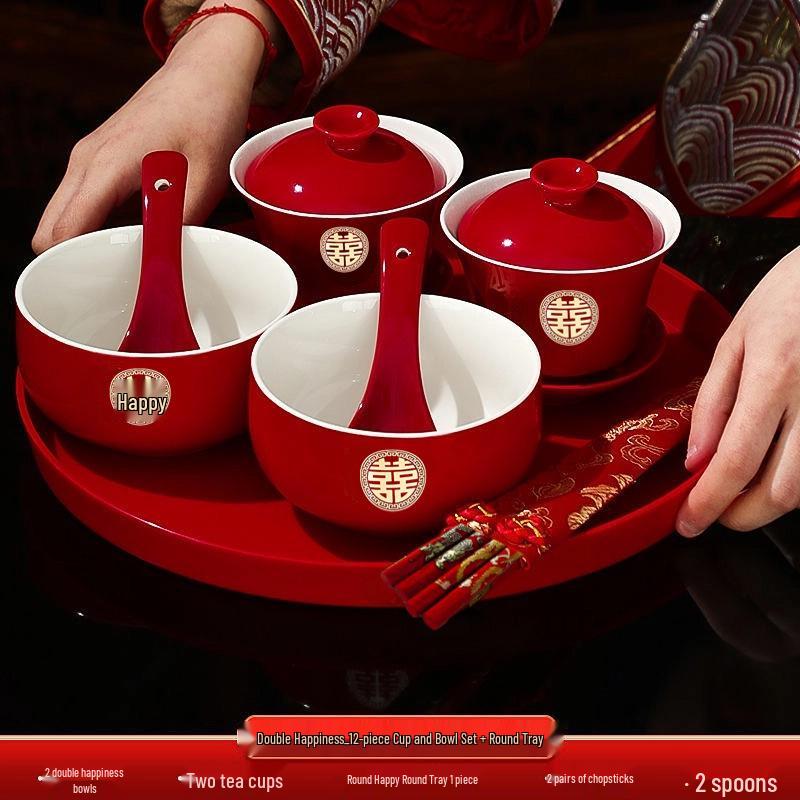Wedding Essential Tea Cup and Bowl Set - Happy Change Mouth Dowry Tea Set