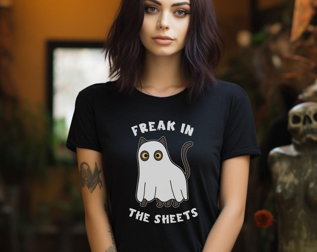 Freak in the Sheets Halloween T-Shirt | Funny Ghost Cat Tee
