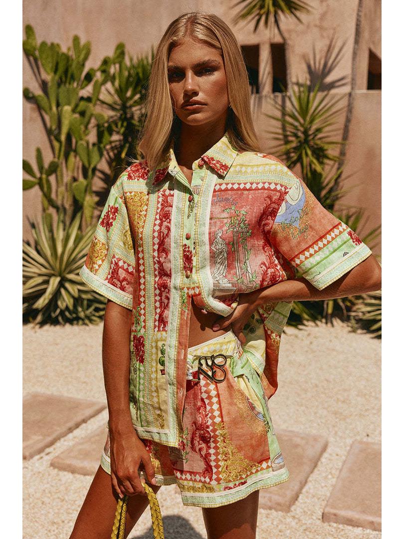 

2026 European & American Linen Casual Shirt Collar Cardigan & Shorts Set Large квітковий