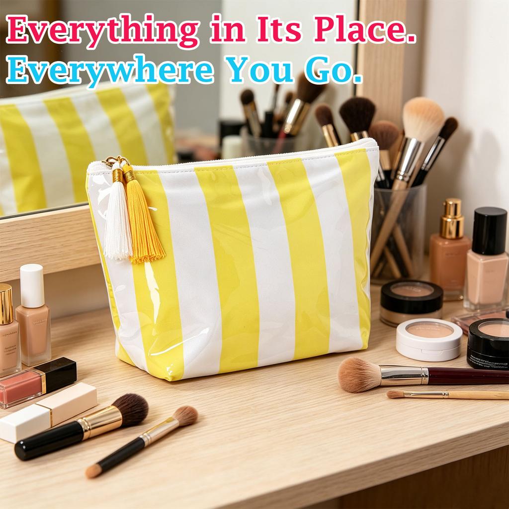 Large Capacity Waterproof PVC Travel Toiletry Bag with Striped Pattern and Tassel Zipper for Makeup Brushes and Accessories Storage Organizer