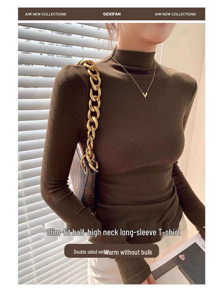 AW 2025 Deutscher Samt Halbochgeschlossenes Damen-Oberteil mit langen Ärmeln und schlankmachender Passform