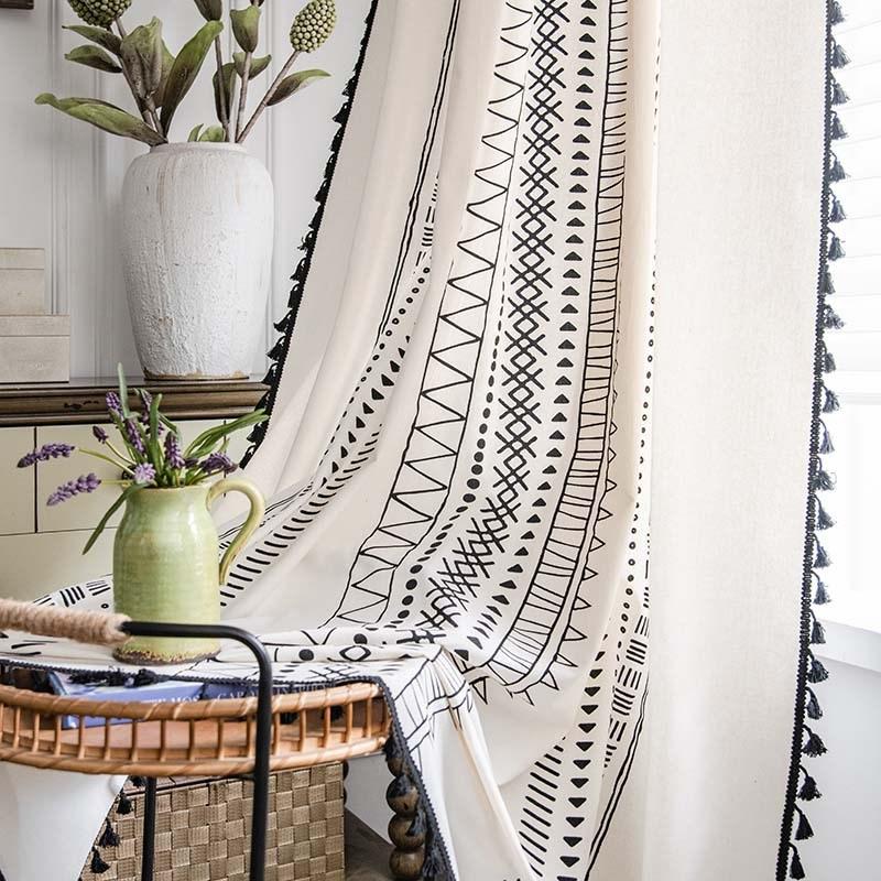 

Decor Curtains American Bohemian Cotton And Linen Printing Geometric Perforated Shading Bedroom Window Kitchen Finished Curtain W135 x H46cm&Threading Rod
