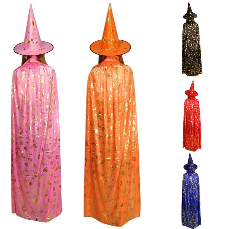 Gold Foil Cloak Costume Witch Hat Kids Adults Halloween Party Performance Stage