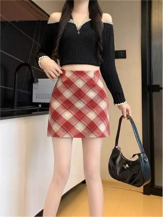 Wool Plaid High-Waisted A-Line Mini Skirt - Retro Academy Style for Autumn/Winter