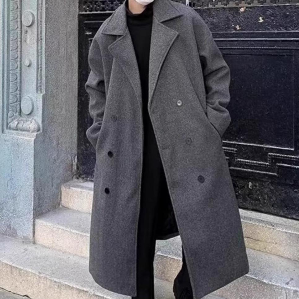 British Style Men's Mid-Length Double-Breasted Woolen Coat with Lapel – Winter Over-the-Knee Thick Outerwear.