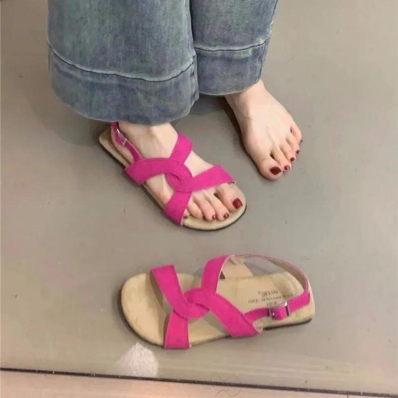 

Мода 2024 года, новые модные однотонные универсальные женские туфли с открытым носком, летние повседневные женские туфли с пряжкой Sandalias De Mujer 40