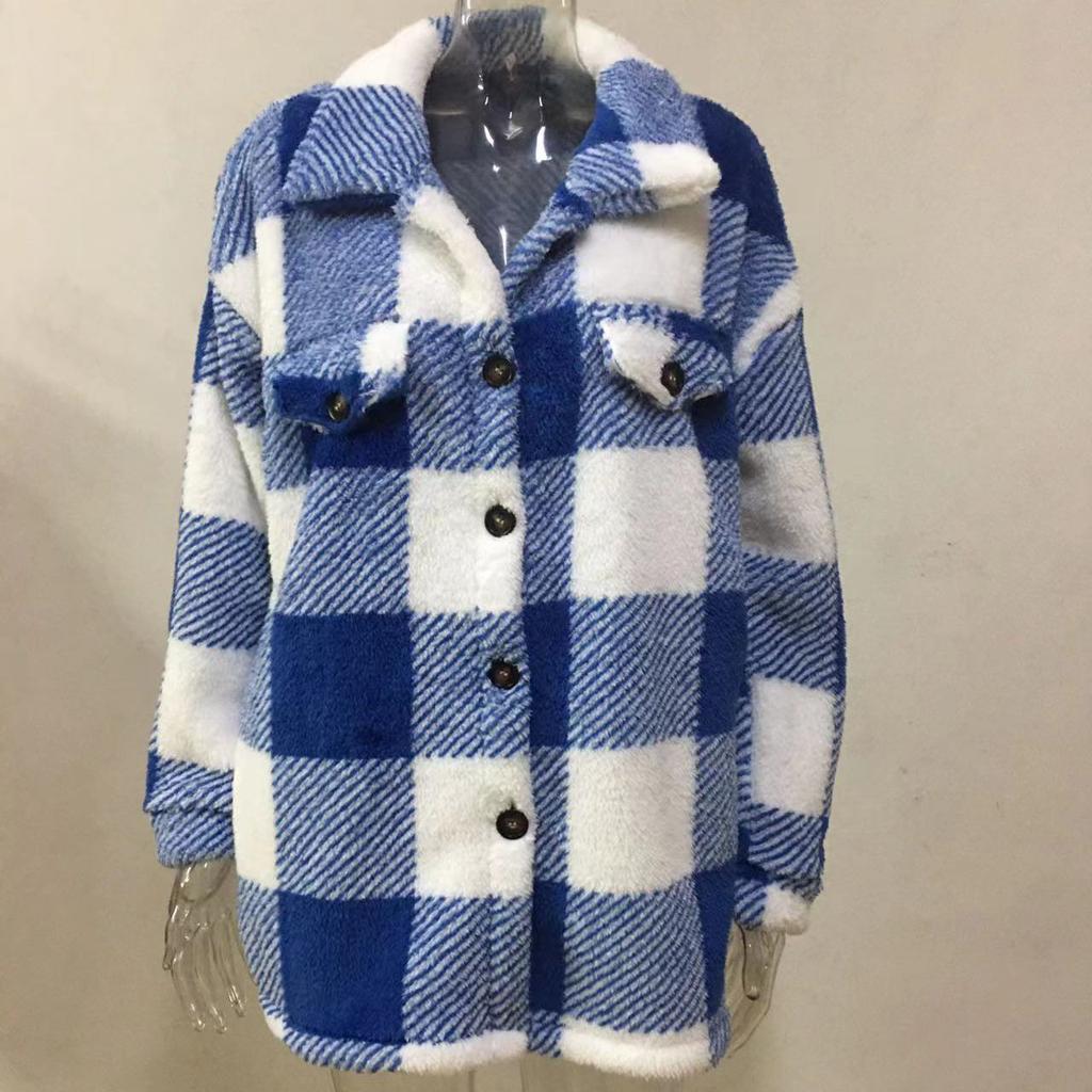 2026 New Elegant Fleece Coat with Pockets Minimalist Plaid Button-Down Jacket for Women