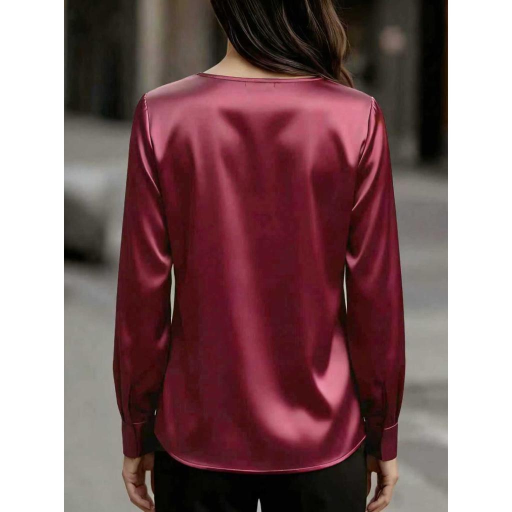 New Women's French Elegant Puff Sleeve V-neck Satin Long Sleeve Blouse