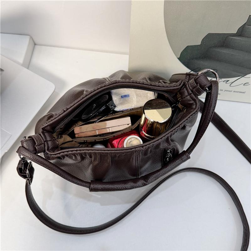 Vintage Ruched Leather Handbag for Women, Soft Multi-pocket Shoulder Crossbody Bag, Casual Large Capacity Hobo Purse for Daily Work Travel