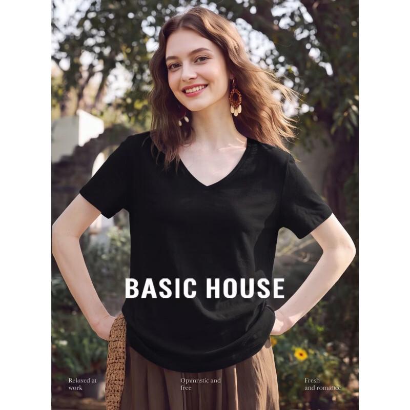 Basic House Women s Linen Blend V-Neck Loose T-Shirt M