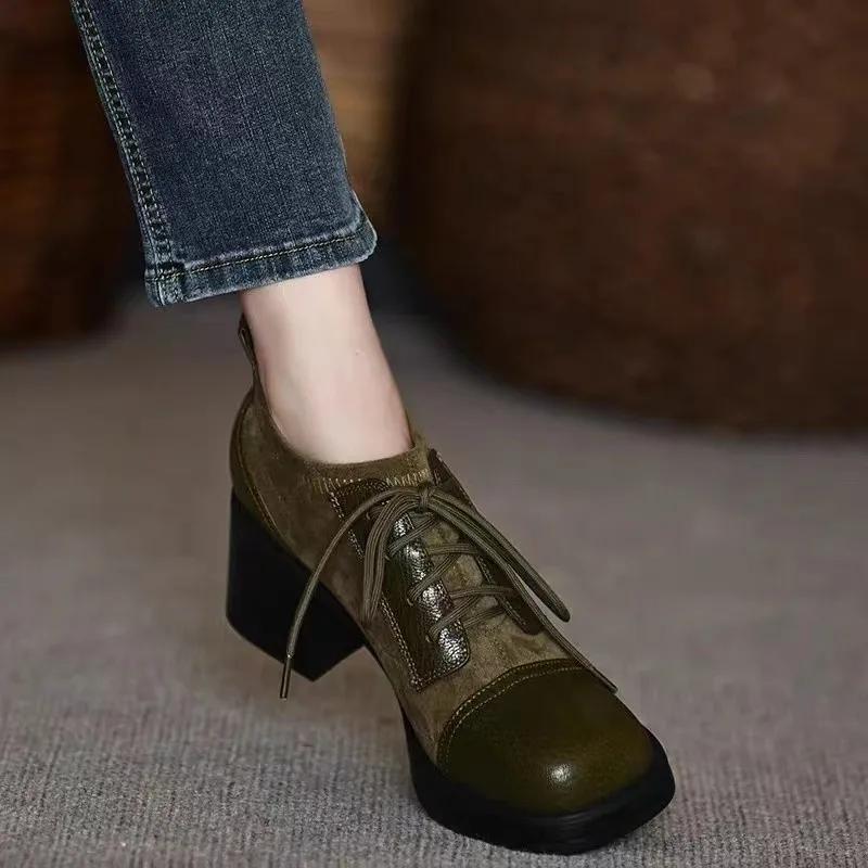 Thick Heeled Lace Up Single Shoes for Women's Spring New Style Square Toe Deep Mouth Single Shoes Thick Soled High Heels