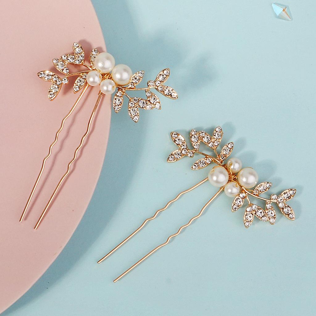 New Style Rhinestone Pearl Leaf Hairpin High-end Versatile Bridal Headwear U-shaped Hairpin Golden Hairpin for Women
