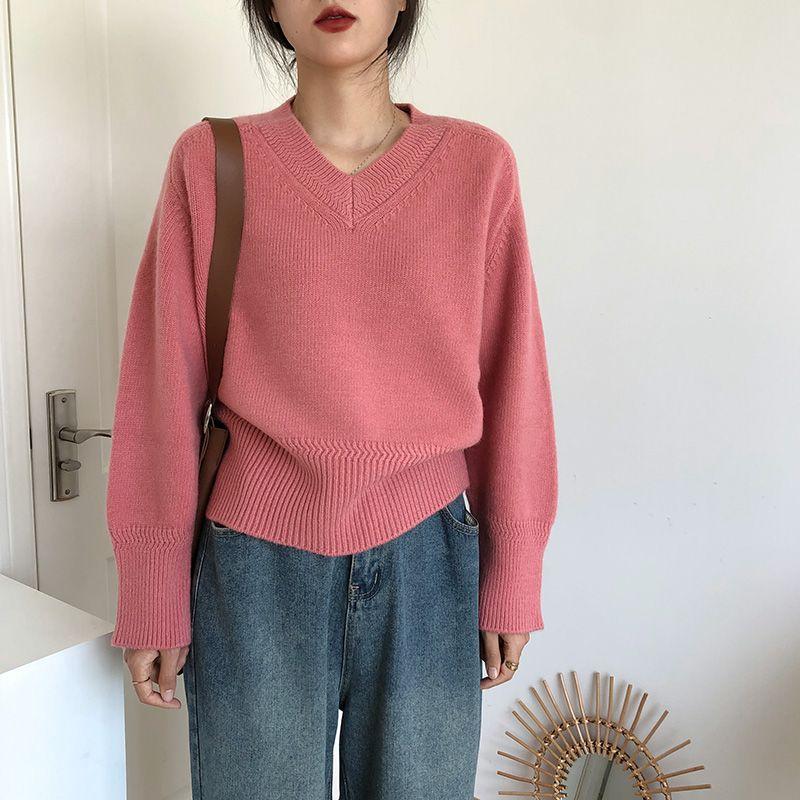 Women's Autumn & Winter French V-Neck Sweater Japanese Lazy Style Retro High-End Knit Top Outer Wear