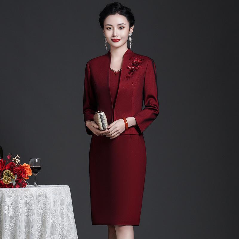2025 Autumn Elegant Wine Red Plus Size Two-Piece Set: Long Sleeve Jacket & Mother's Wear
