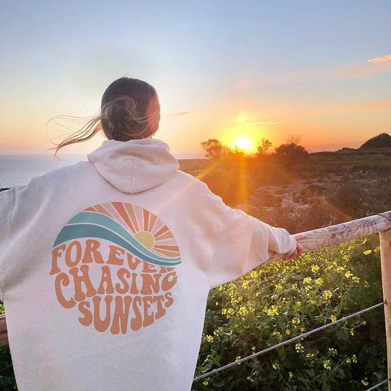 Forever Chasing the Sunset Print Kangaroo Pocket Drawstring Hooded Women's Fleece Sweater