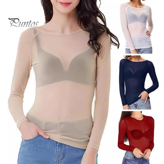 Durchsichtiges Mesh-Oberteil für Damen, O-Ausschnitt, langärmelig, schmale Passform, sexy, transparente Sonnenschutz-Gaze-Oberteile