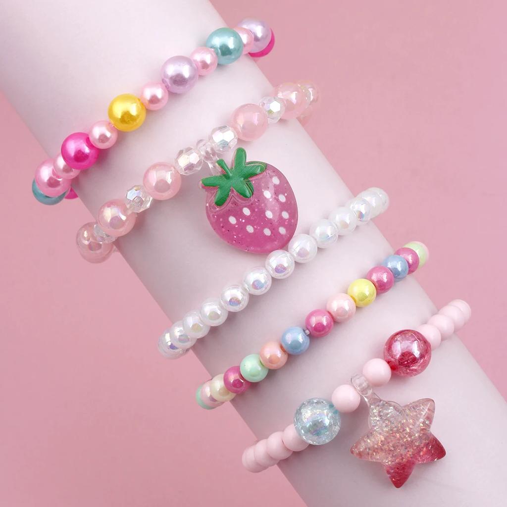 b58 5Pcs/set Cute Personality Strawberry Pentagram Pendant Pink Series Beaded Bracelets Suitable Holiday Parties Birthday Gift