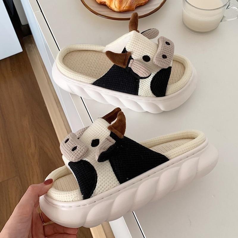 Simpatiche pantofole di mucca Pantofole di lino per interni domestici femminili per coppia Pantofole da esterno con fondo spesso antiscivolo Pantofole da donna con scivoli